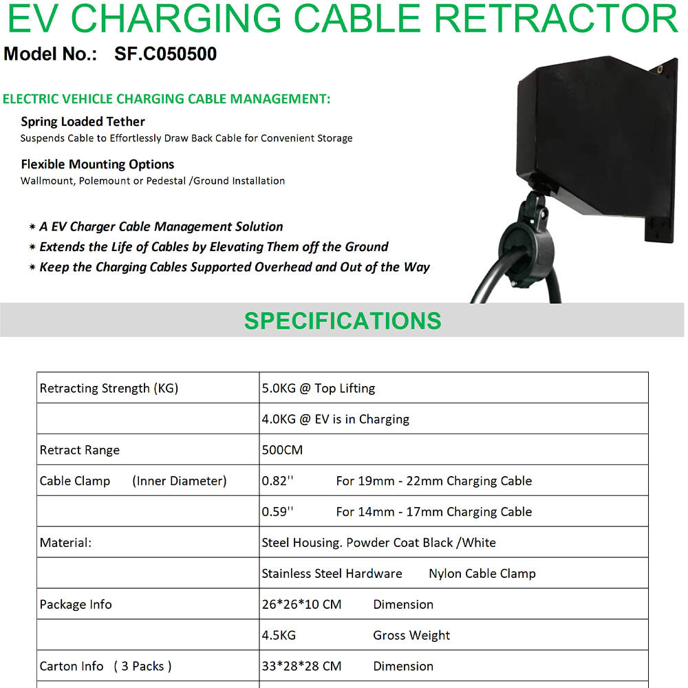 L2 EV Charger Cable Management System Level 2 Charging Station Cable Protect Spring Loaded Cord Retractor for EV Charger Cable