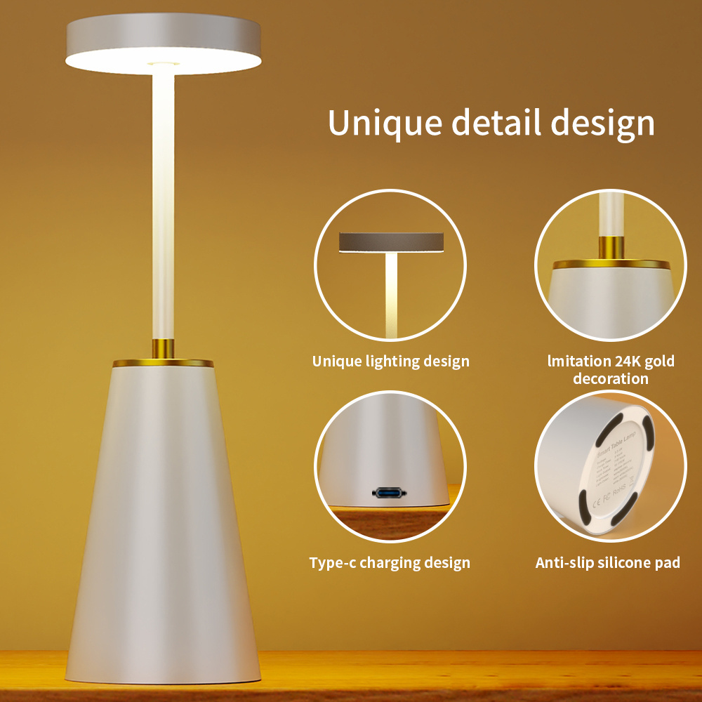 Portable Battery Powered LED Wireless Smart Metal Table Lamp Touch Screen Dimmable Desktop Ambient Light for Dining Room Outdoor