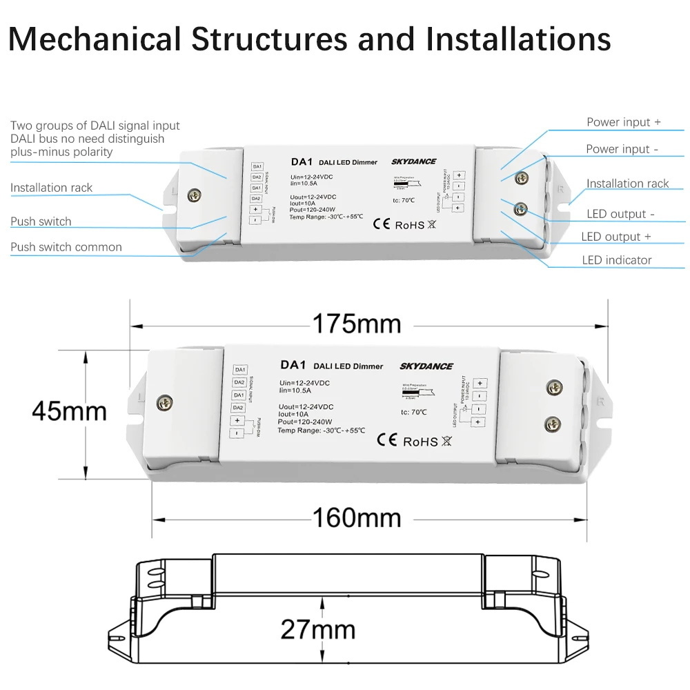 DA1 DALI Dimmer Light Controller PWM DC12-24V 15A 1 Channel With Push-dim 0~100% Dimmable Dimmer Switch For Dimmable Led Light