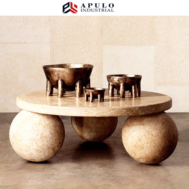 Nordic Natural Stone Furniture 3 Balls Set Round Sphere Beige Travertine Marble Ball Coffee Table