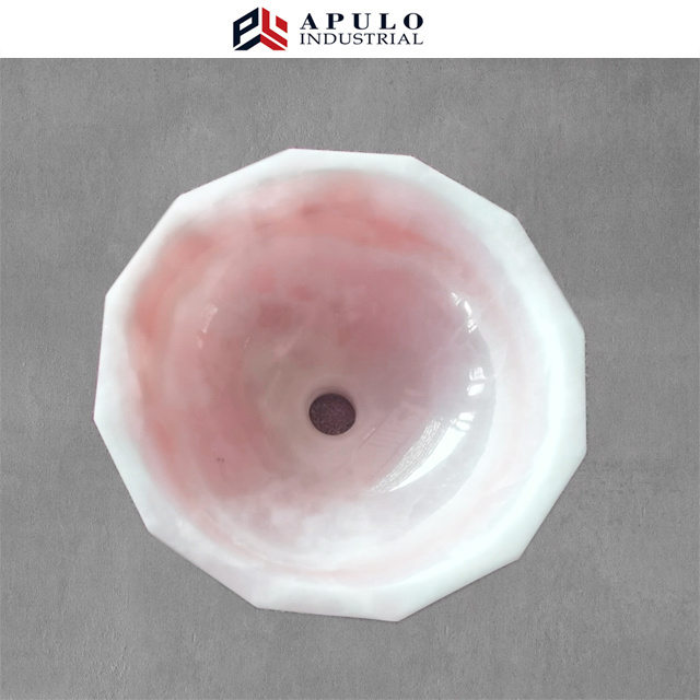 Luxury pink color marble bathroom scalloped bowl vessel stone sink hand wash basin pink vessel sink onyx sink