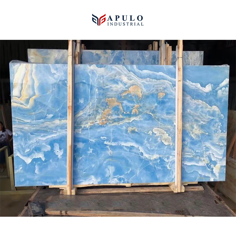 Hot sale Luxury Style Natural Blue Onyx Marble Polished Slab Price In Stock For Home Livingroom TV Wall Decoration