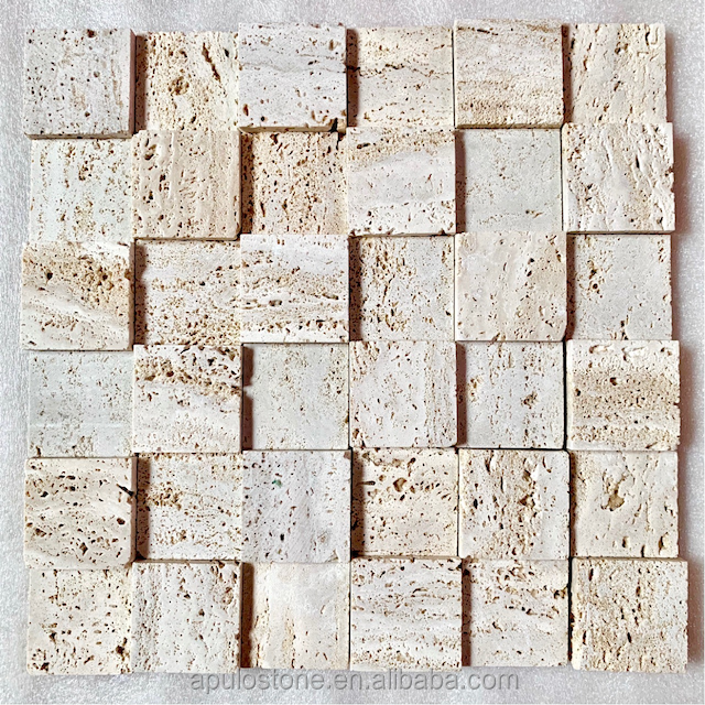 Factory Ready Ship Beige Travertine Mosaic Stacked Mosaic Natural Stone Wall Panel Kitchen Backsplash Tile Travertine Mosaic