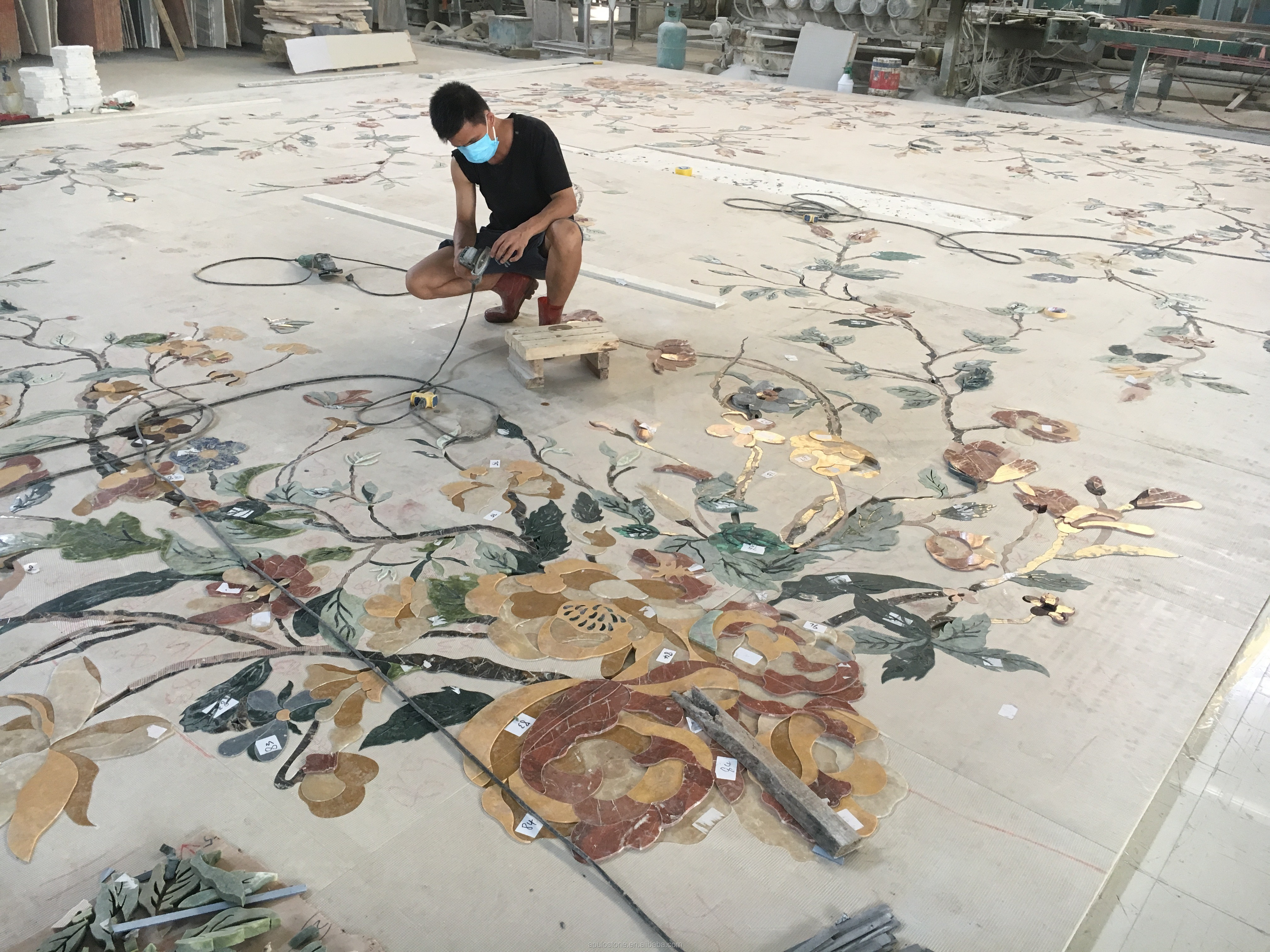 Apulo Luxury waterjet stone cutting square marble floor inlay flooring flower design,square water jet medallion