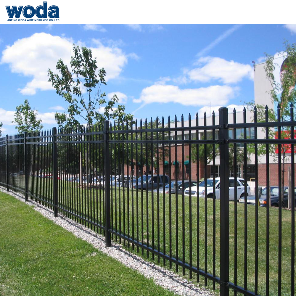 Supplier Fence Outdoor Black Steel Metal Fence Anti Rust Fence Panel Sharp Pickets 6.5ft x 5ft Residential Yard Garden 3 Rail