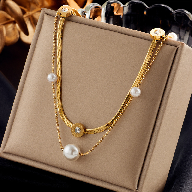 Multilayer Stainless Steel 18K Gold Cross Heart Pendant Necklace Women Layered Pearl Zircon Emerald Necklace