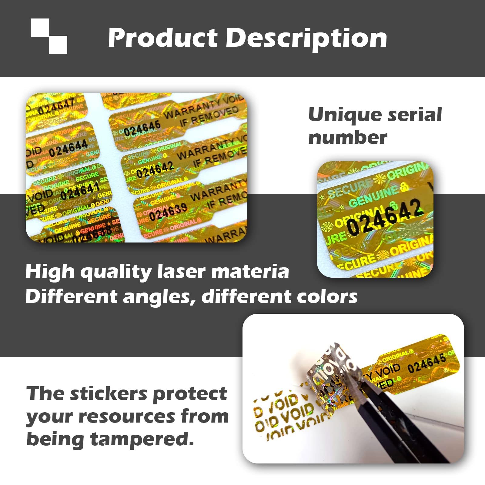 Minfly Digital Printing Custom Hologram Warranty Security Seal Removed Tamper Evident Void Holographic Laser Stickers Label