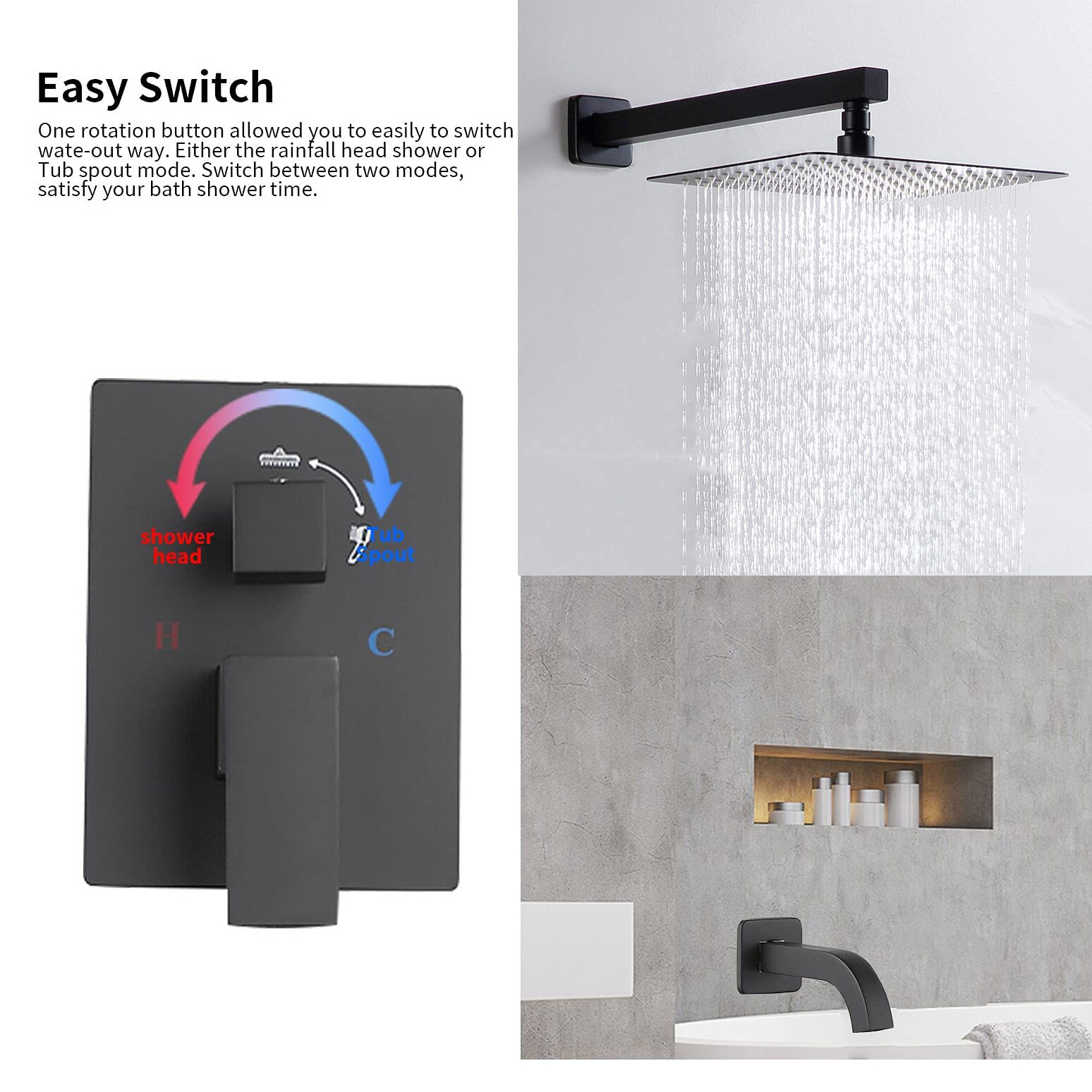 Aquacubic Bathroom Complete 12 Inch Shower System With Tub Spout Wall Mounted Shower Faucet Set