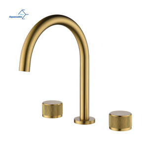 Modern Brass Hotel Deck Mounted Gold Basin Mixer Tap Bathroom Faucet 3 Holes with Round Handle