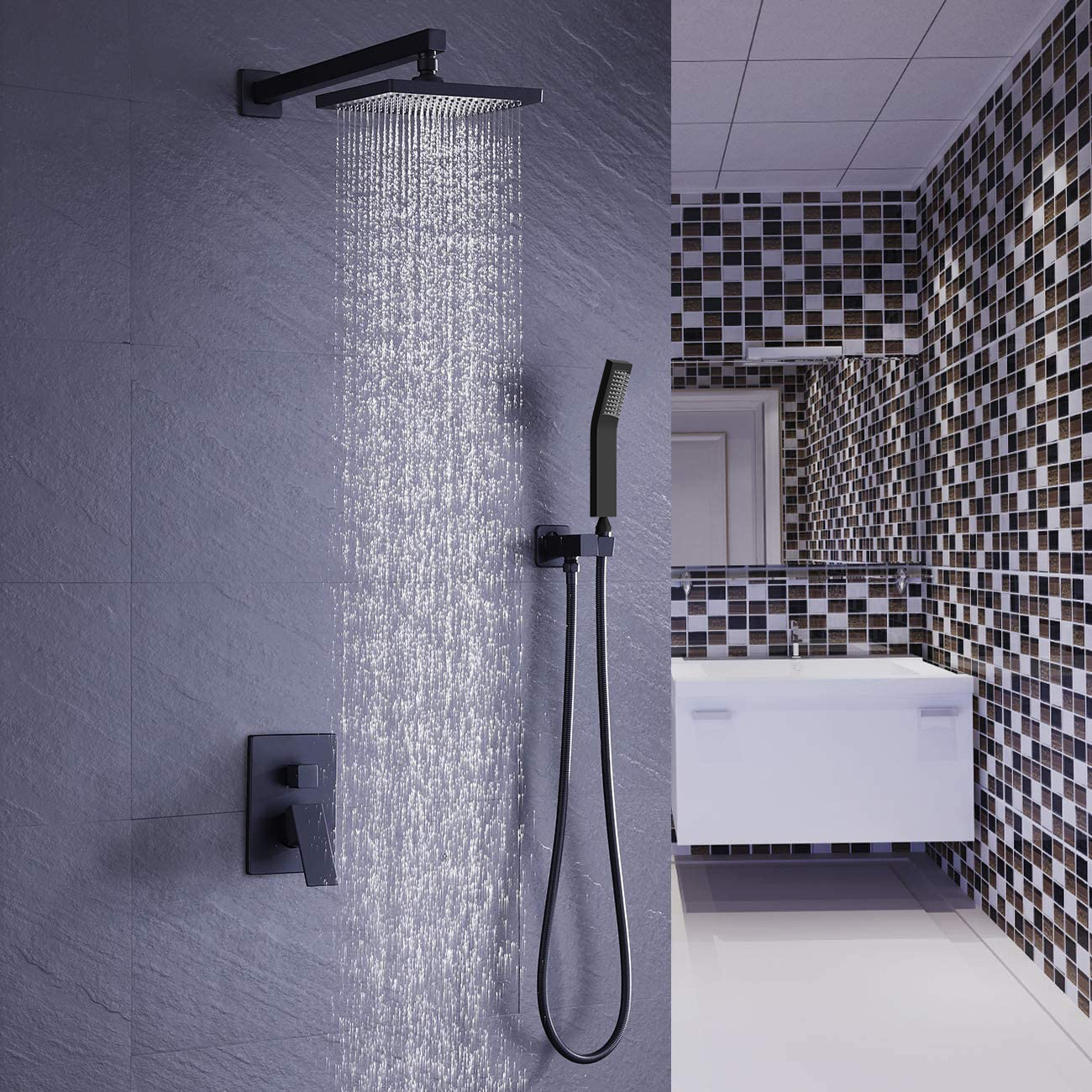 Bathroom Concealed Square Overhead Rainfall Shower System Matte Black Brass Rain Mixer Shower Faucet Set