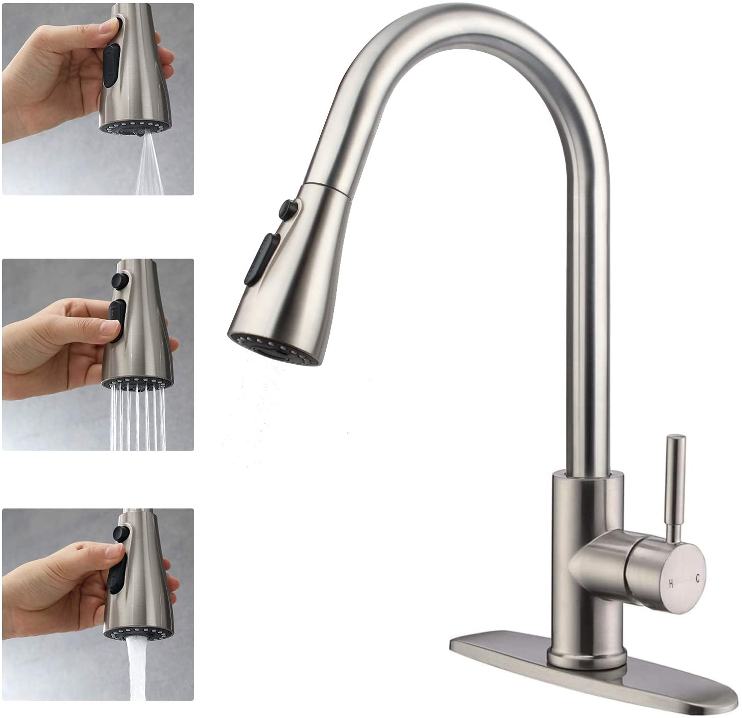 Kitchen Faucet with Pull Down Sprayer, Single Handle Stainless Steel Brushed Nickel Kitchen Faucet