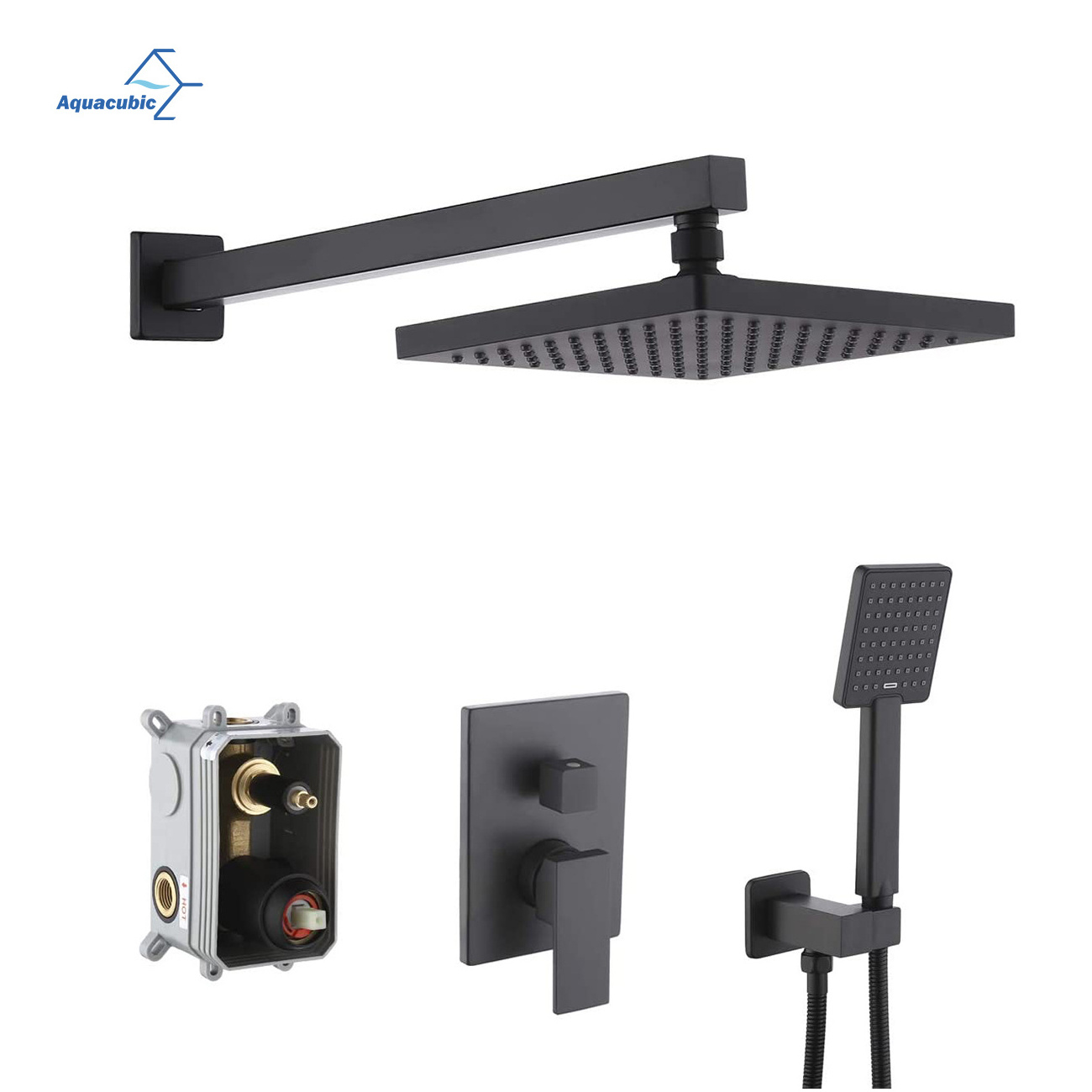 Aquacubic cUPC Shower System Valve and Trim Kit Matte Black Faucet Set Rain Shower Head with Handheld Shower Faucet