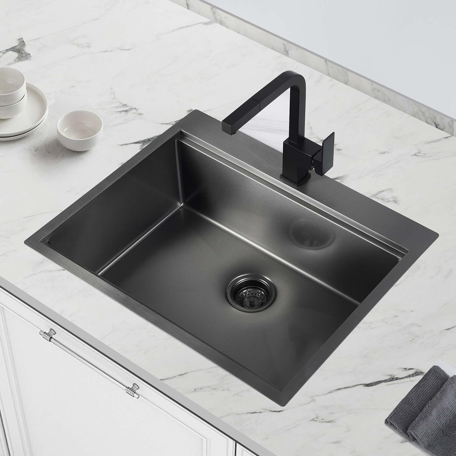 Luxury Single Bowl Gunmetal Black 304 Stainless Steel Topmount Handmade Kitchen Sink With Drainboard