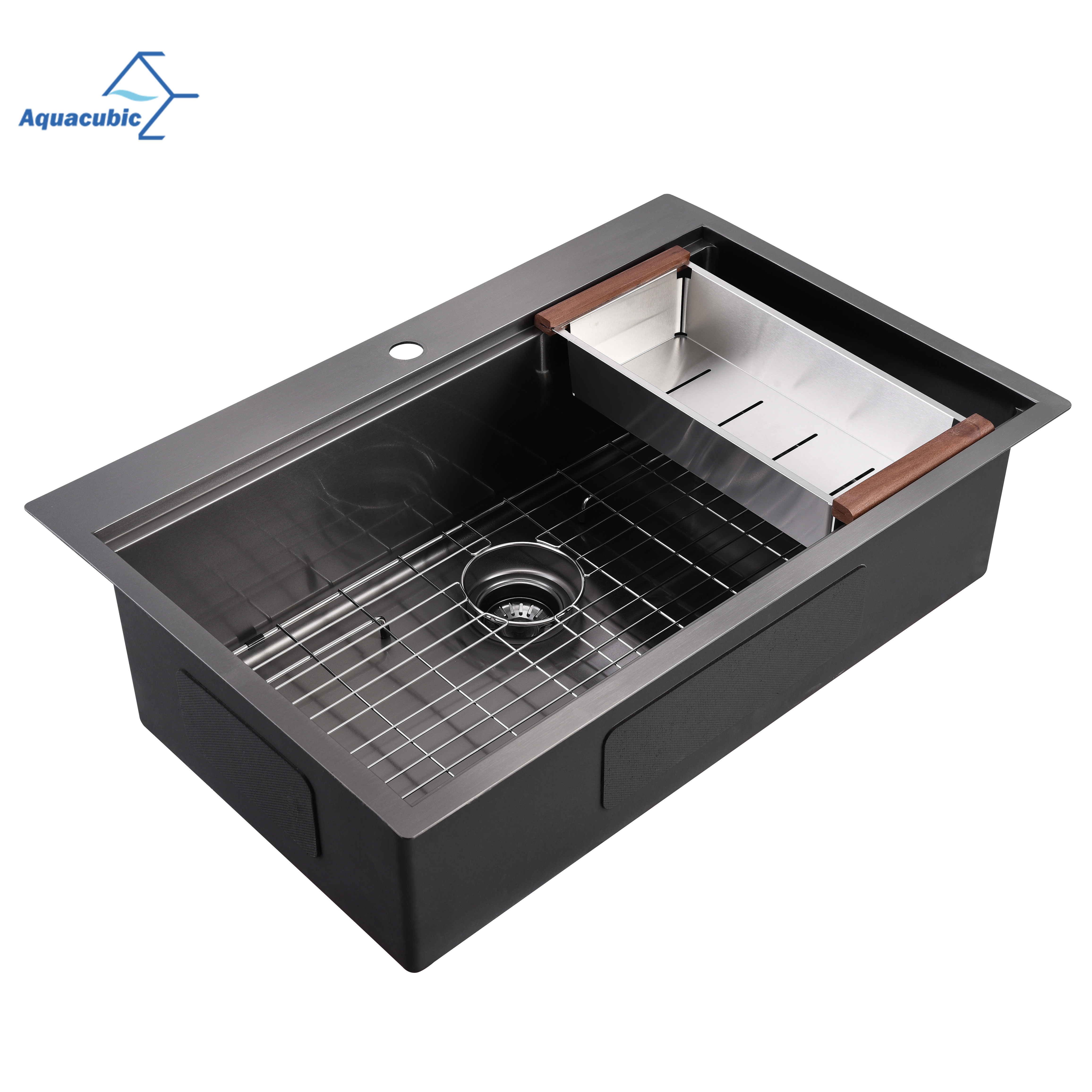 Luxury Single Bowl Gunmetal Black 304 Stainless Steel Topmount Handmade Kitchen Sink With Drainboard