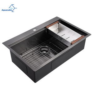 Luxury Single Bowl Gunmetal Black 304 Stainless Steel Topmount Handmade Kitchen Sink With Drainboard