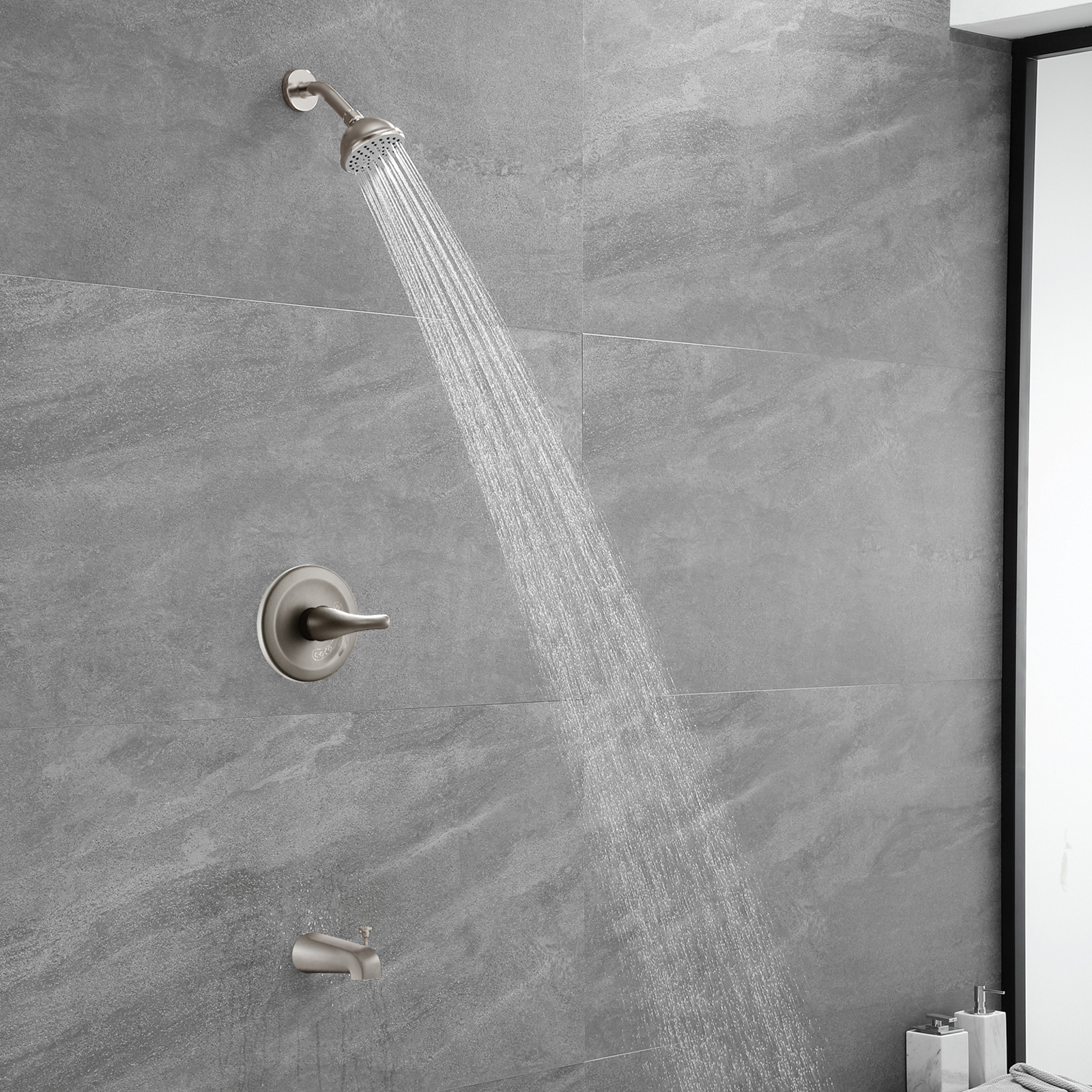 Wall Mounted Concealed Brass Bathroom Shower Faucet Trim Kits Pressure Balance Valve and tub spout with diverter