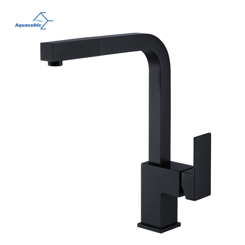 Aquacubic UPC Contemporary Single Handle Square Pull-Out Brass Kitchen Faucet with Pull-out Sprayhead