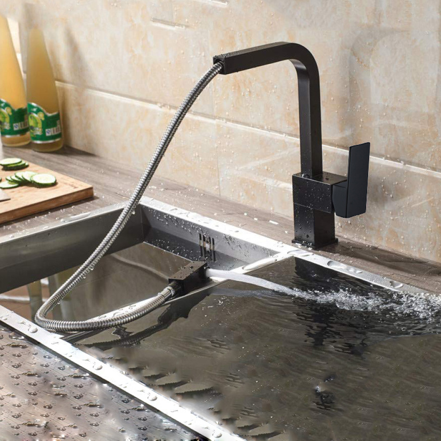 Aquacubic UPC Contemporary Single Handle Square Pull-Out Brass Kitchen Faucet with Pull-out Sprayhead