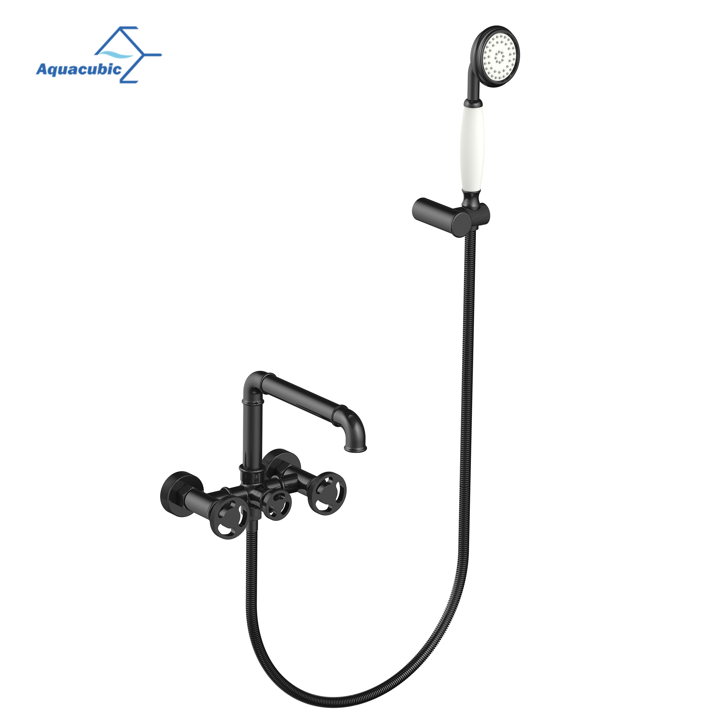 Wall Mounted Industrial Pipe Bathroom Bathtub Shower Faucet with 2 Handle Hand Shower Sprayer