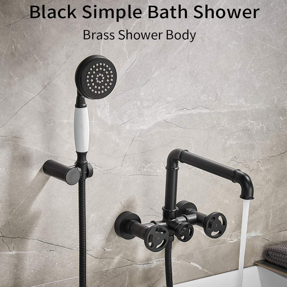 Wall Mounted Industrial Pipe Bathroom Bathtub Shower Faucet with 2 Handle Hand Shower Sprayer