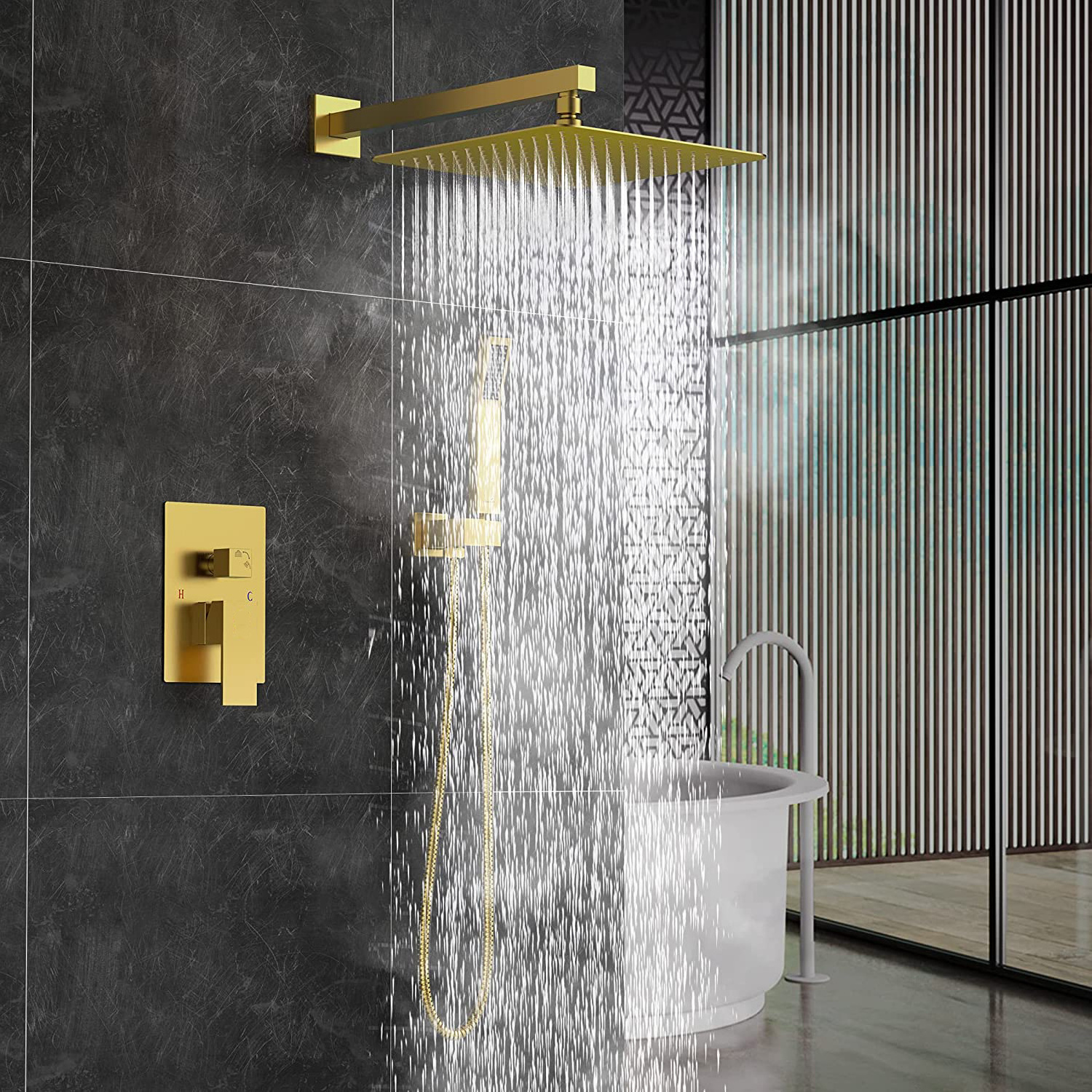 AQUACUBIC Wall Mounted Shower Faucets Brass Bathroom concealed Shower Faucet Mixer Set with Rain Shower Head