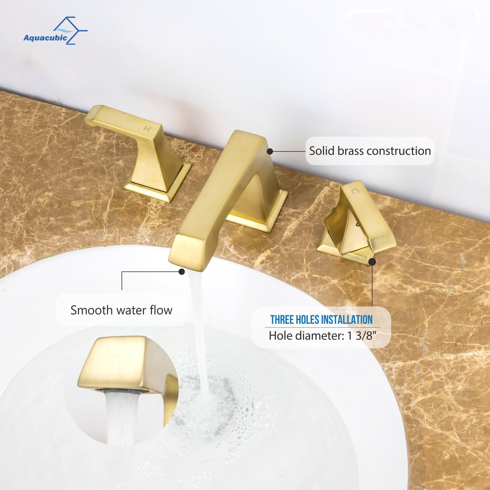 Aquacubic Two Handles Lavatory Vanity Sink Widespread 8 Inch Gold Bathroom Faucet