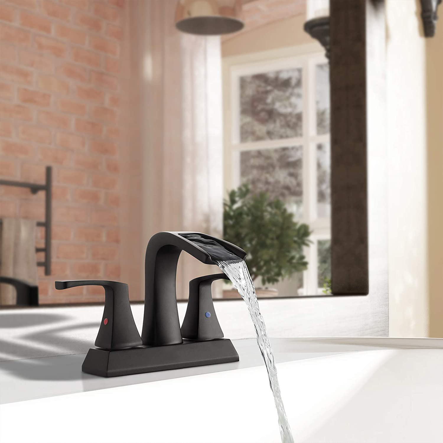 Aquacubic CUPC Black Hot and Cold Dual Handles 4 in Centerset Waterwfall Bathroom Sink Faucet