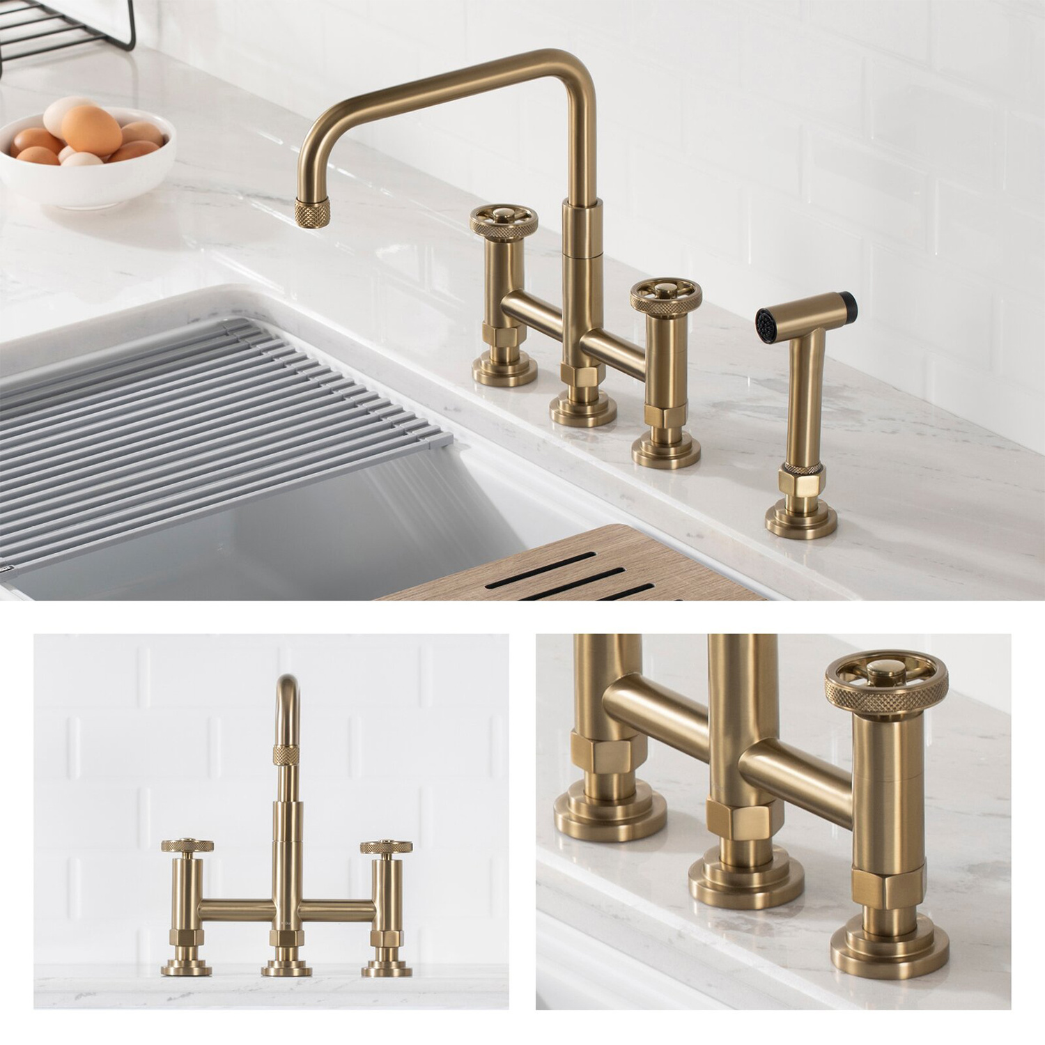 Aquacubic Brushed Gold Bridge Kitchen Faucet 3 Hole 2 Wheel Handle Kitchen Sink Faucet