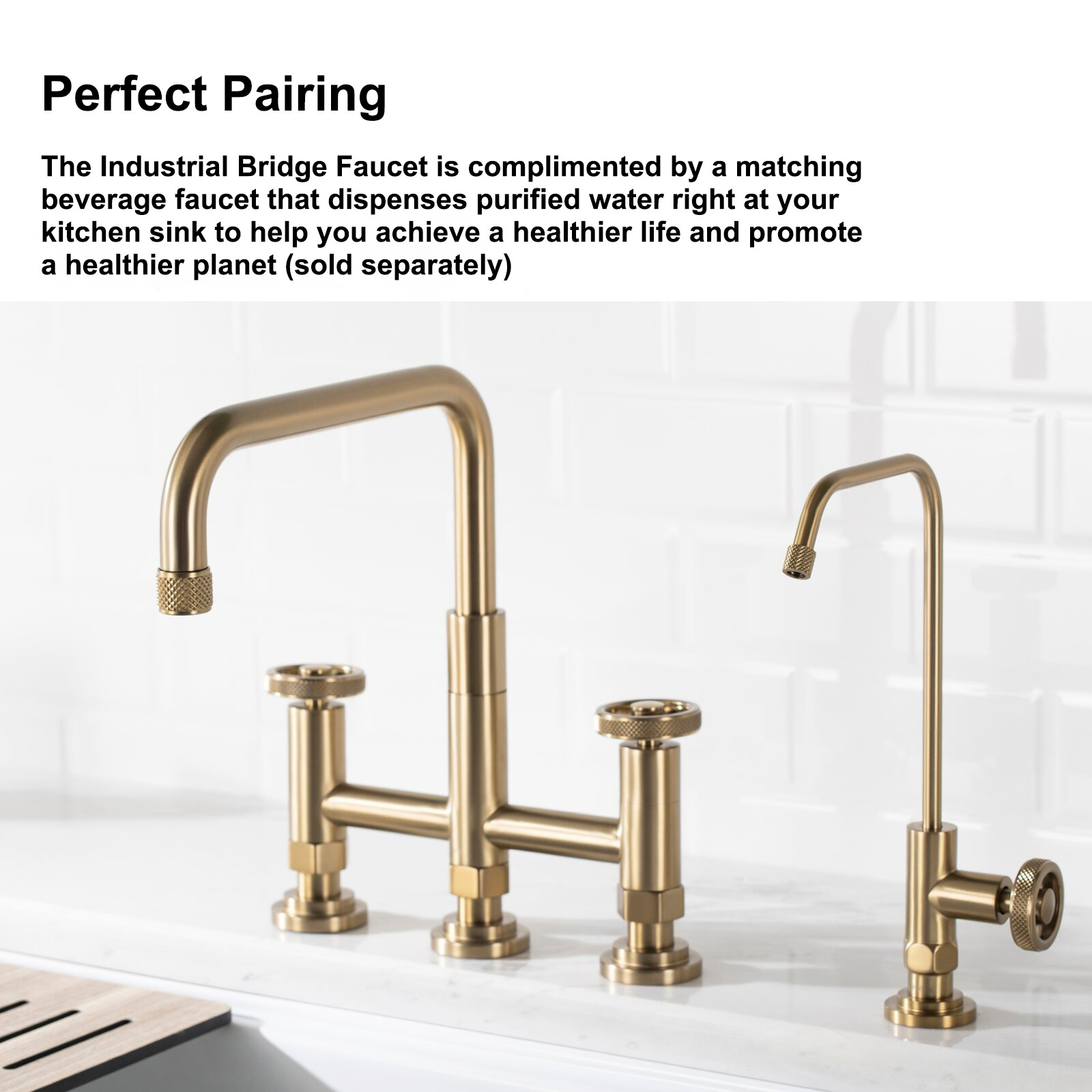 Aquacubic Brushed Gold Bridge Kitchen Faucet 3 Hole 2 Wheel Handle Kitchen Sink Faucet