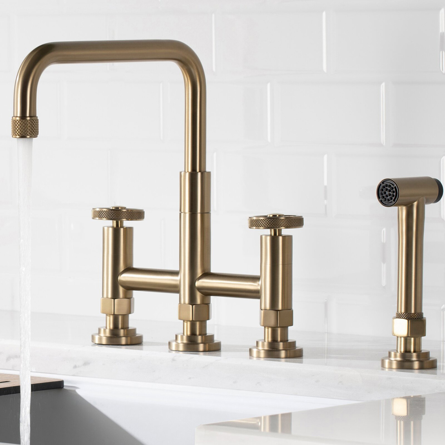 Aquacubic Brushed Gold Bridge Kitchen Faucet 3 Hole 2 Wheel Handle Kitchen Sink Faucet