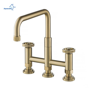 Aquacubic Brushed Gold Bridge Kitchen Faucet 3 Hole 2 Wheel Handle Kitchen Sink Faucet