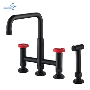 Aquacubic Black Kitchen Faucet with Side Sprayer, 4 Hole Brass Kitchen Faucets for Sink