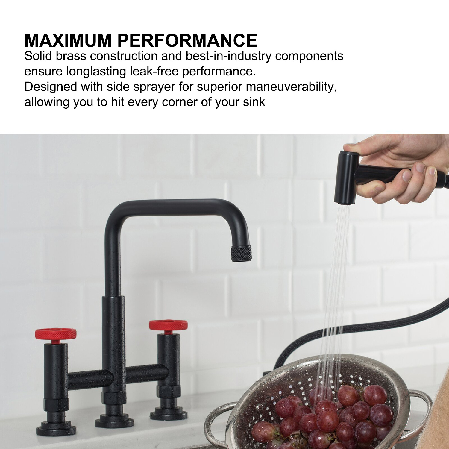 Aquacubic Black Kitchen Faucet with Side Sprayer, 4 Hole Brass Kitchen Faucets for Sink