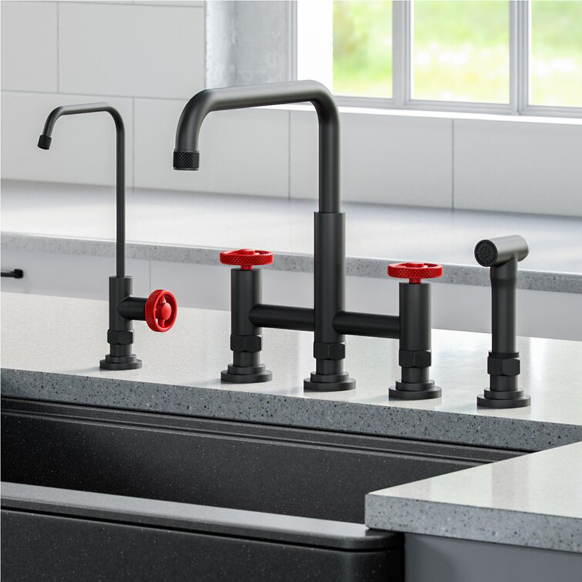 Aquacubic Black Kitchen Faucet with Side Sprayer, 4 Hole Brass Kitchen Faucets for Sink