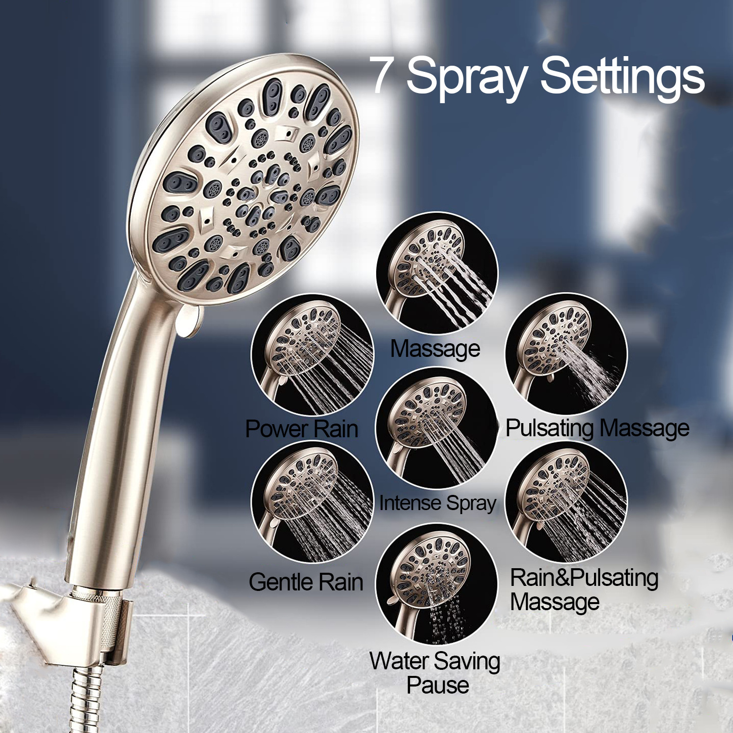 High Pressure Brushed Nickel Handheld Shower Head 7-Spray Setting Showerhead Kit