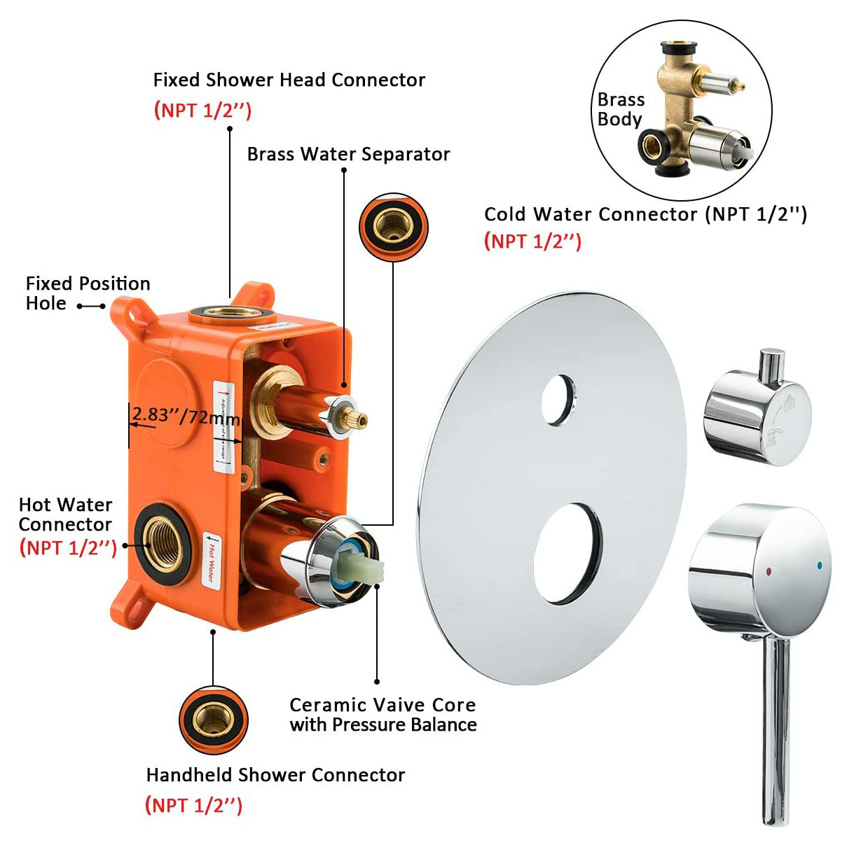 Aquacubic CUPC Chrome SUS 304 Wall Mounted Metal Showerhead Concealed Shower Set Trim Kit with Tub Spout and Hand Held Shower