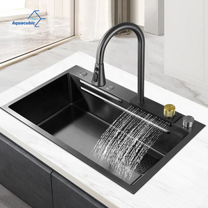 New Black Nanometer Handmade Raindance Sink Anti-Scratch Vegetable Above Mounted Waterfall Faucet and Kitchen Sink