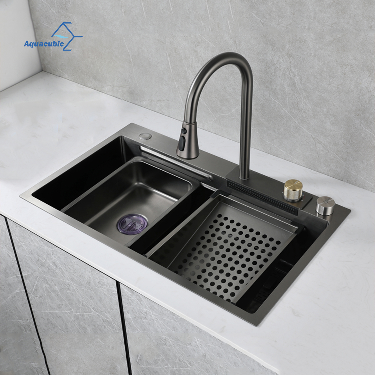 New Black Nanometer Handmade Raindance Sink Anti-Scratch Vegetable Above Mounted Waterfall Faucet and Kitchen Sink