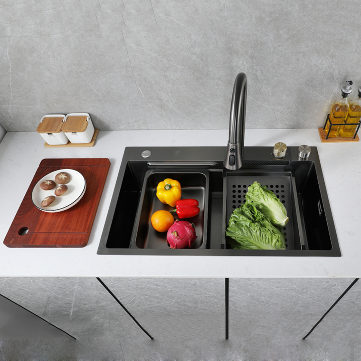 New Black Nanometer Handmade Raindance Sink Anti-Scratch Vegetable Above Mounted Waterfall Faucet and Kitchen Sink