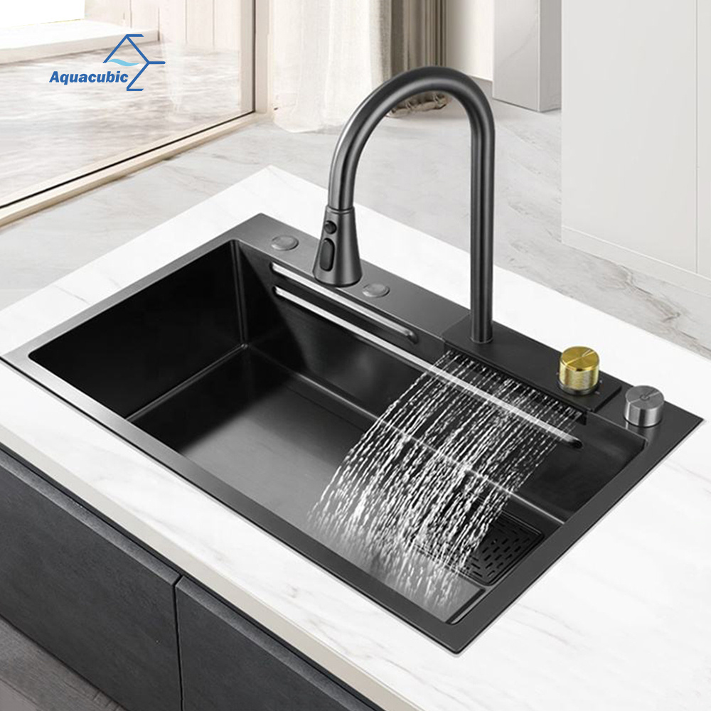 Tiktok 30 Inch Black Waterfall Sink Stainless Steel Handmade Kitchen Sink with Waterfall Faucet