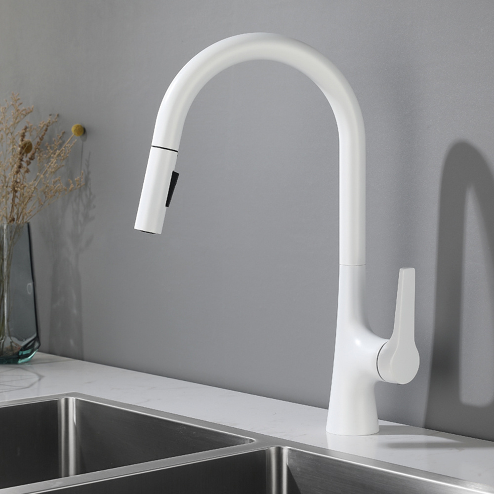 UPC cUPC Single Handle Swan Hole White Pull Down Spring Kitchen Sink Faucet With Faucet Hole Cover