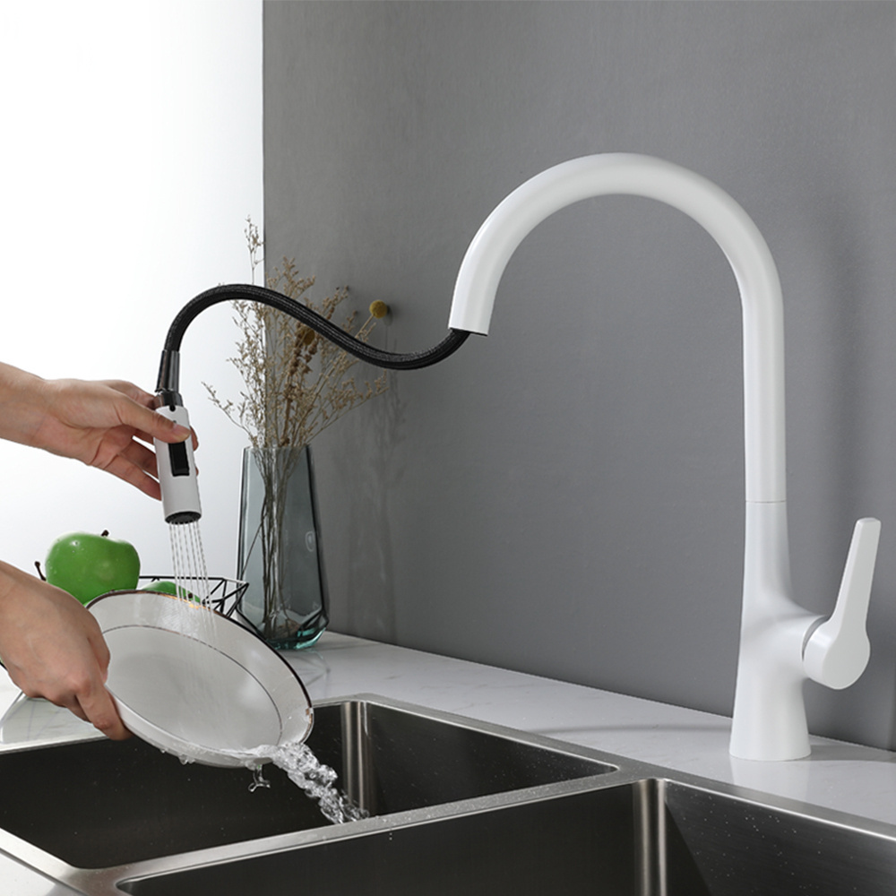 UPC cUPC Single Handle Swan Hole White Pull Down Spring Kitchen Sink Faucet With Faucet Hole Cover