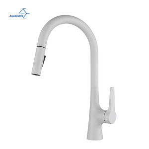 UPC cUPC Single Handle Swan Hole White Pull Down Spring Kitchen Sink Faucet With Faucet Hole Cover