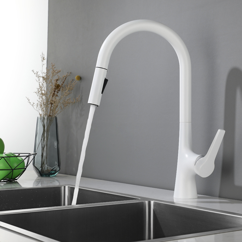 UPC cUPC Single Handle Swan Hole White Pull Down Spring Kitchen Sink Faucet With Faucet Hole Cover