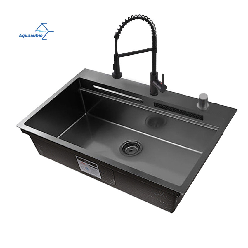 Luxury Gunmetal Black wash sinks waterfall faucet hot sale 304 stainless steel multi-functions kitchen sink