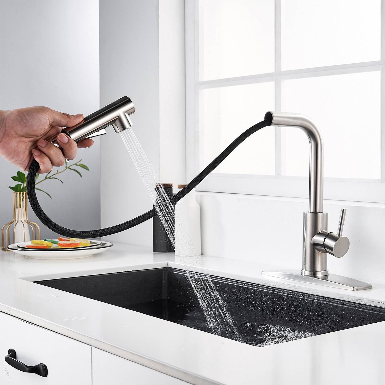 cUPC hot selling single handle brushed stainless steel pull-down kitchen sink tap taps mixer faucets with pull down sprayer