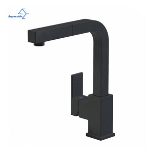 Aquacubic Contemporary Black Single Handle Square Pull Out Brass Kitchen Sink Faucet Swivel Spout