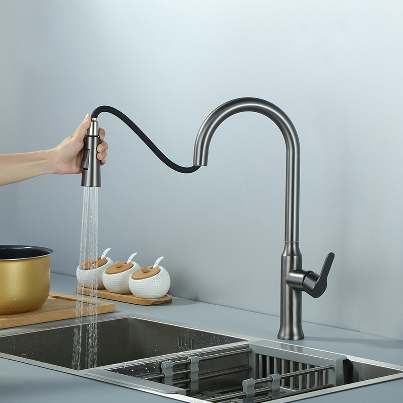 Fashion Pull Down  Water Tap Silicone Sprayer Sink Faucets Pull Out gunmetal gray Kitchen Faucet