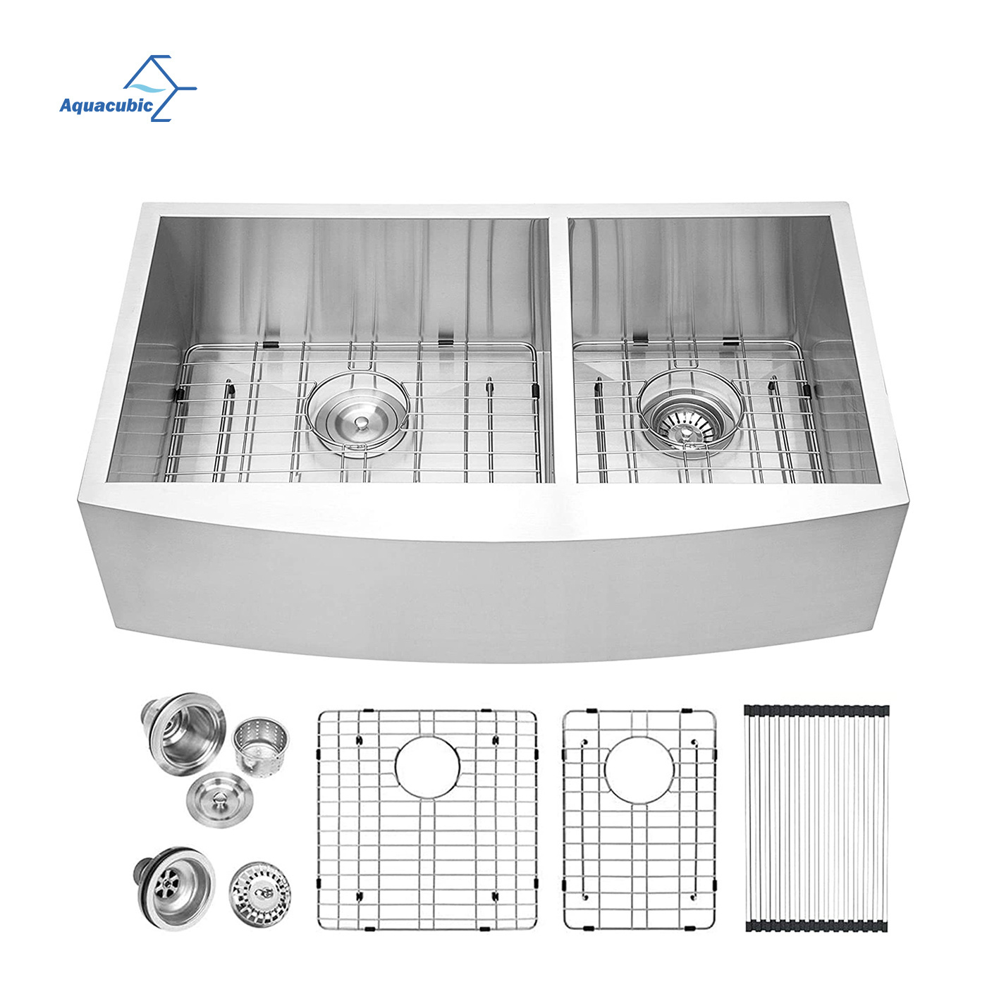 Aquacubic 33 Inch Apron Front Handmade Stainless Steel Double Bowl 60/40 Farmhouse Kitchen Sink