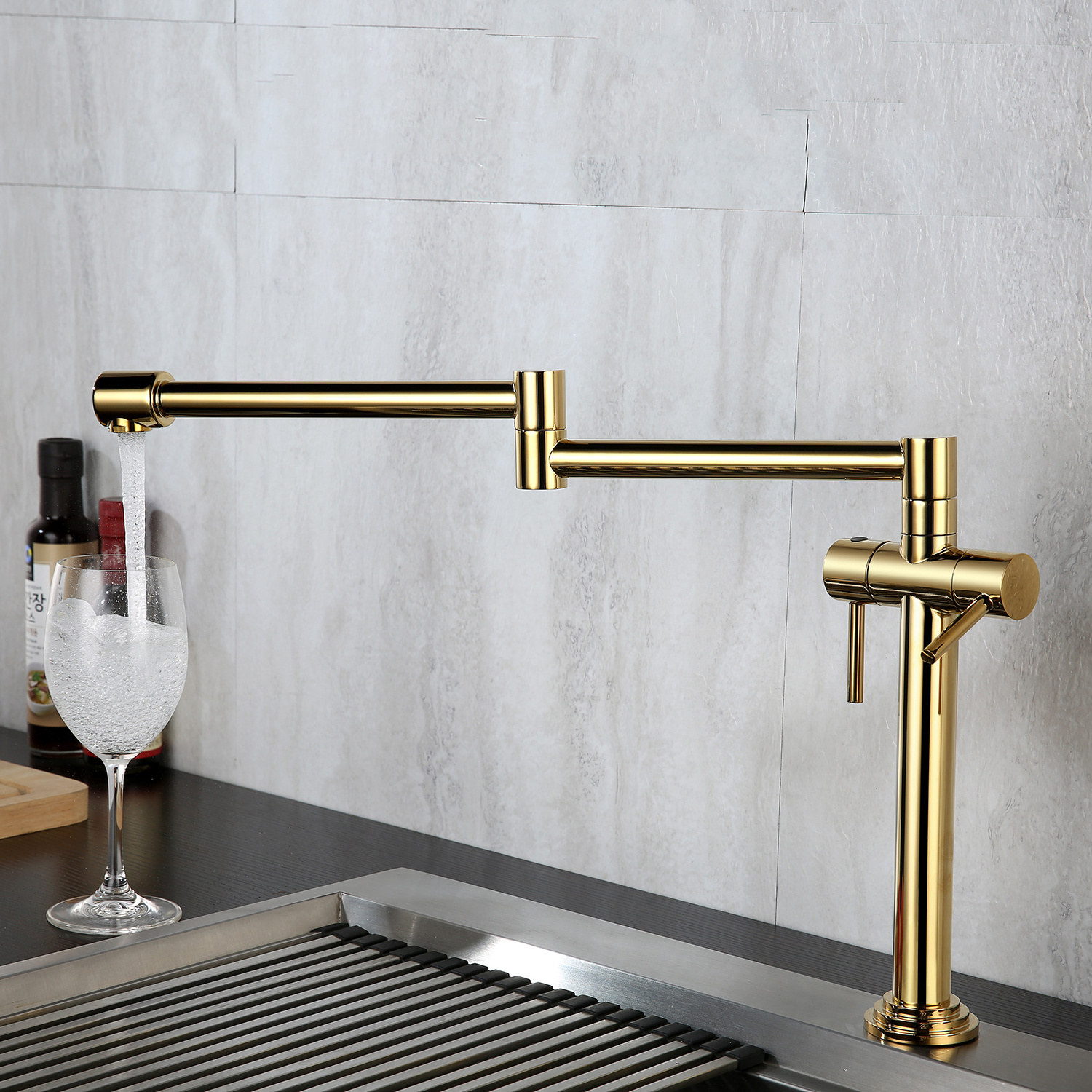 Commercial Double Lever Handle with Dual Joint Swing Arm Sink Faucet Titanium Gold Kitchen Pot Filler Faucet